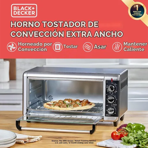 Vista 2 de Horno tostador a convección Black + Decker, 8 rebanadas, extra-amplio, para mesada, Acero inoxidable/Negro