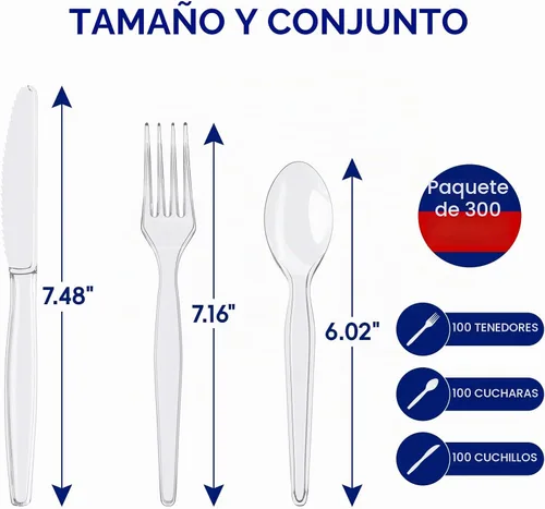 Vista 2 de JOLLY CHEF Juego de 300 cubiertos de plástico transparente, 100 tenedores, 100 cucharas, 100 cuchillos, juego de cubiertos de plástico desechables