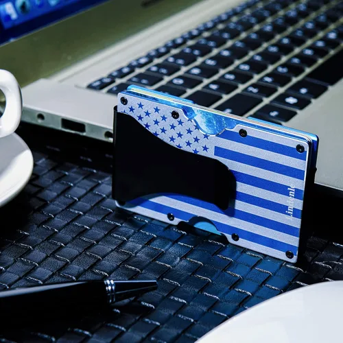 Vista 4 de Cartera minimalista pequeña tarjetero delgado bolsillo frontal cartera RFID bloqueo clip dinero mujeres hombres, Y_Bandera azul, Minimalista