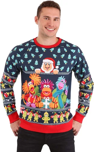 Vista 4 de FUN.COM Suéter feo de Navidad sublimado Fraggle Rock para adultos