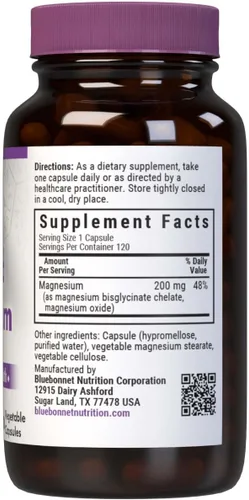 Vista 2 de Bluebonnet Nutrition Albion Magnesio Quelado Tamponado 200 mg, Óxido de Magnesio, Alivio del Estrés, Vegano, Sin OGM, Sin Gluten, Sin Soja, Sin