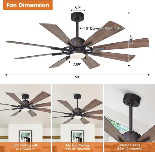 Vista 5 de Ventiladores de techo con luces y control remoto, ventilador de techo de granja de 60 pulgadas con luz para dormitorio, sala de estar, ventiladores