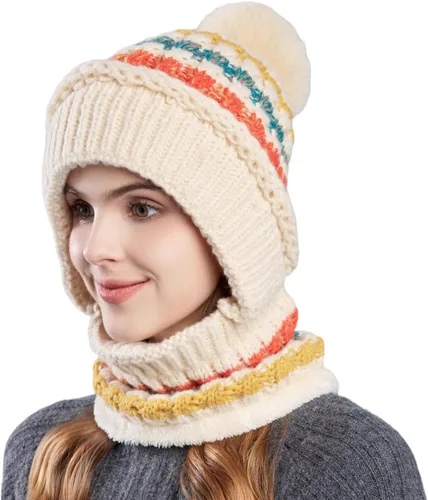Vista 31 de Gorro de Invierno para Mujer de Una Pieza con Forro Polar Pasamontañas de Punto Conjunto con Bufanda Circular para Cuello Gorro de Esquí para Nieve