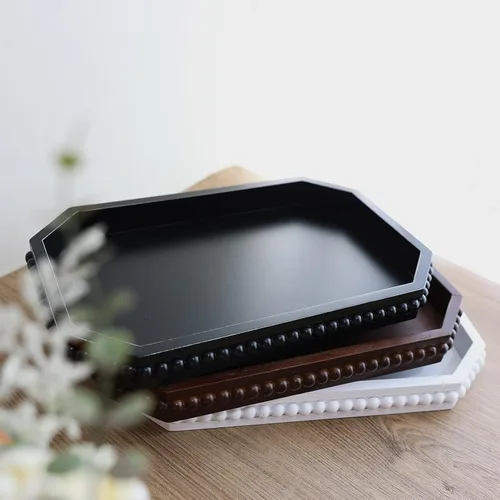 Vista 6 de Hrastany Bandeja de Servir Rústica de Madera con Cuentas, Bandeja Decorativa de Granja en Negro para Centro de Mesa, Decoración Navideña de Boda