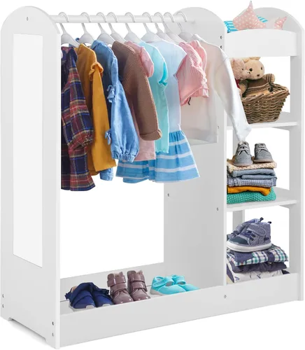 Vista 10 de Costzon Almacenamiento de disfraces para niños con espejo, perchero, estantes de 3 niveles, bandeja inferior, centro organizador de disfraces