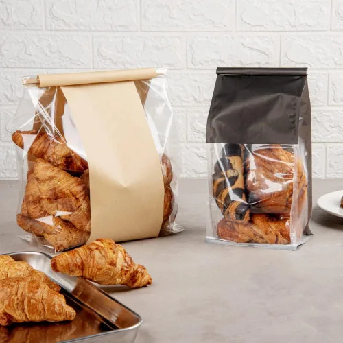 Vista 4 de Restaurantware Bag Tek - Bolsas de lazo de lata de 5.1 x 4.1 x 11.2 pulgadas con ventanas, 100 bolsas resellables con ventanas, parte inferior plana