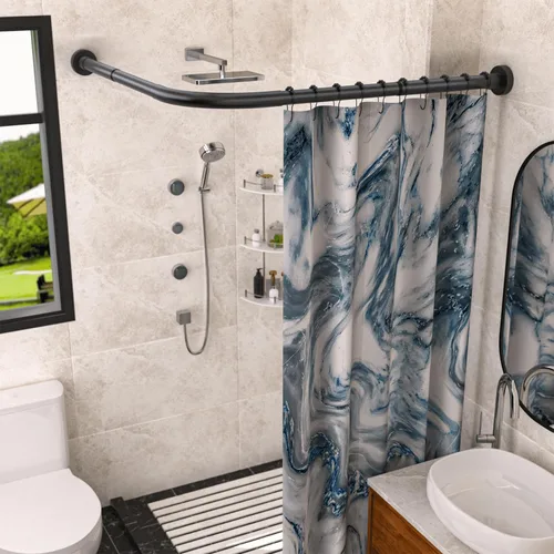 Vista 13 de Barra extensible de cortina de ducha en esquina de bañera en forma de L de acero inoxidable 304, instalación sin taladro, para baño, tienda de ropa