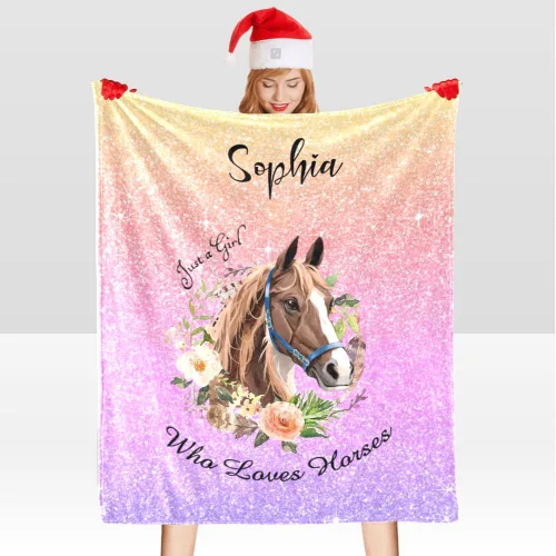 Vista 5 de Manta personalizada con texto en inglés «Just a Girl Loves Hors», manta de forro polar suave con nombre para regalos, sofá cama (50 x 60 pulgadas)