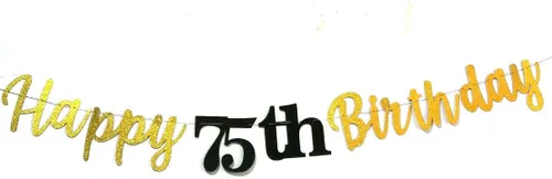 Vista 3 de Cartel de feliz cumpleaños 75 con purpurina, cartel de feliz cumpleaños 75 negro y dorado, suministros de decoración de fiesta de cumpleaños 75
