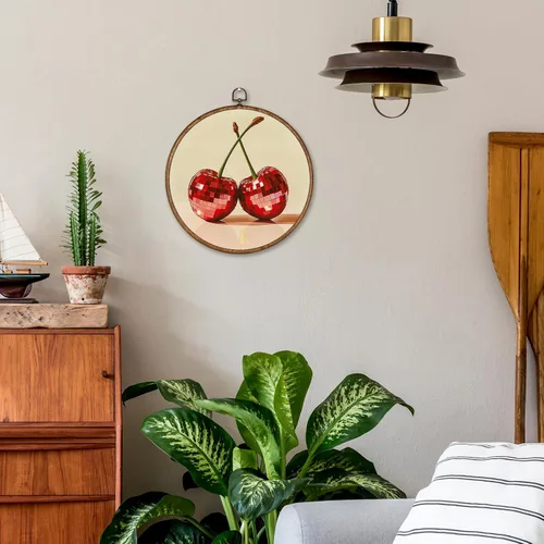 Vista 2 de Voxitura Arte de pared de frutas de cereza disco con marco redondo, decoración de pared preppy lienzo femenino para habitación de cocina, pinturas