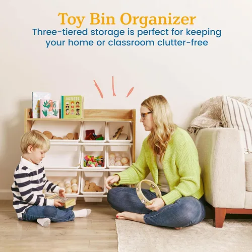 Vista 4 de ECR4Kids Organizador de 3 niveles con estante y 9 contenedores, almacenamiento para juguetes, natural oscuro/blanco