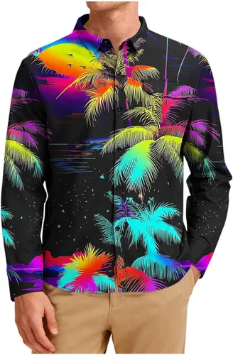 Vista 17 de Camisa hawaiana de manga larga con botones florales tropicales para hombre, camisas de playa con estampado de flores, camisas casuales de viaje