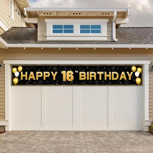 Vista 4 de Decoraciones de cumpleaños número 16 para niños y niñas, pancarta de decoración de feliz cumpleaños de 16 años en negro y dorado, suministros