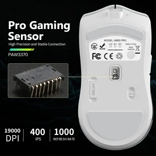 Vista 2 de DeLUX M800PRO - Mouse inalámbrico para juegos con sensor PAW 3370, conexión multidispositivo, rueda codificadora TTC, 19000 DPI, 70 G ligero