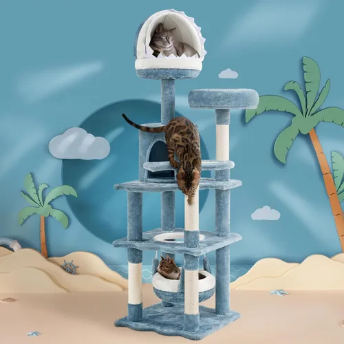Vista 9 de Yaheetech Árbol para gatos con temática oceánica de 61 pulgadas de alto, torre para gatos de varios niveles con nido en forma de boca de tiburón