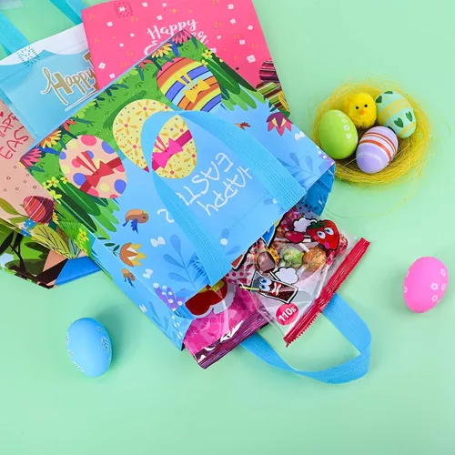 Vista 6 de Iioscre 8 bolsas de regalo de Pascua, cesta de Pascua reutilizable con asas, bolsas de regalo no tejidas para niños, caza de huevos de Pascua