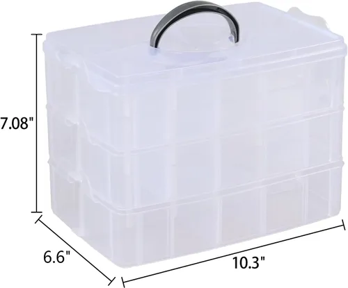Vista 3 de Caja de almacenamiento apilable de 3 capas con 30 rejillas, caja organizadora de compartimentos transparentes para cuentas, cinta, tornillos