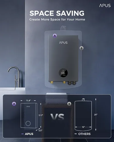 Vista 7 de Calentador de agua eléctrico sin tanque de 18kW, APUS 240V, calentador de agua caliente al instante bajo demanda, hasta 4.4 GPM con pantalla LED