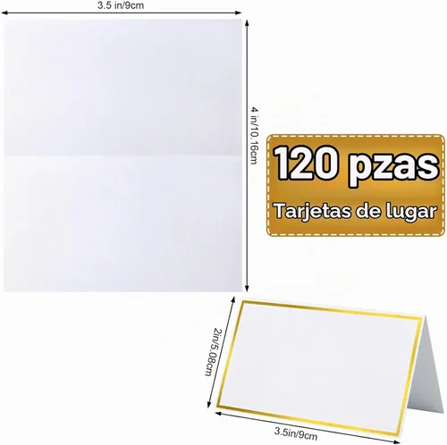 Vista 3 de 120 piezas de tarjetas de lugar, tarjeta de asiento de 2x3.5 pulgadas en blanco rellenable para banquete con marco de lámina dorada para mesa dorado