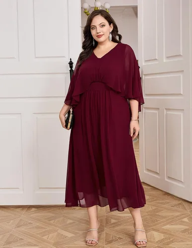 Vista 8 de Hanna Nikole Vestido de fiesta de noche de gasa con cuello en V para mujer, talla grande, manga capa, maxi vestidos para invitados de boda