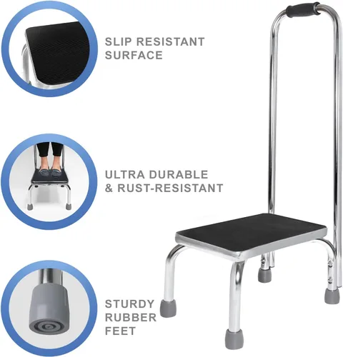 Vista 3 de Vaunn Taburete médico con asa y plataforma de goma antideslizante, taburete ligero y resistente para niños, adultos y personas mayores, cromado