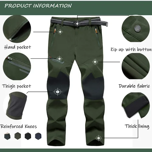 Vista 5 de TACVASEN pantalones de senderismo para hombre con forro polar reforzados en las rodillas ligeros para esquí y snowboard sin cinturón