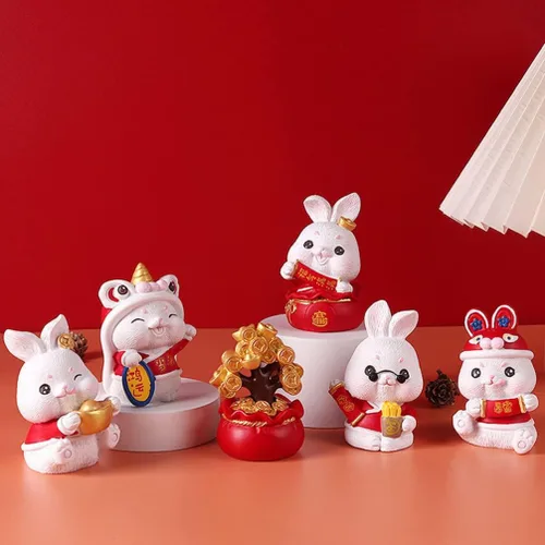 Vista 3 de 3 figuras de conejo del zodiaco chino en miniatura, estatuas de conejo, año de conejo, Fengshui, árbol de dinero, adorno para Año Nuevo, hogar