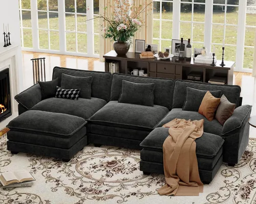 Vista 18 de Sofá modular de gran tamaño de 154 pulgadas, cómodo sofá en forma de U con 3 otomanas móviles, sofá moderno de felpilla de 7 plazas para sala