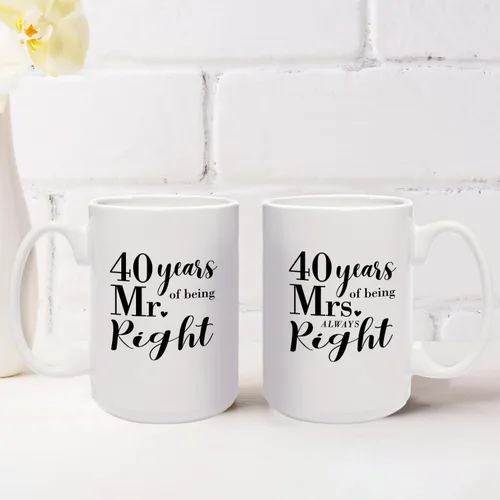 Vista 4 de Canopy Street Juego de tazas de 40 aniversario / 40 Years Mr. And Mrs. Always Right Tazas de café / Tazas de aniversario de 15 onzas/divertido