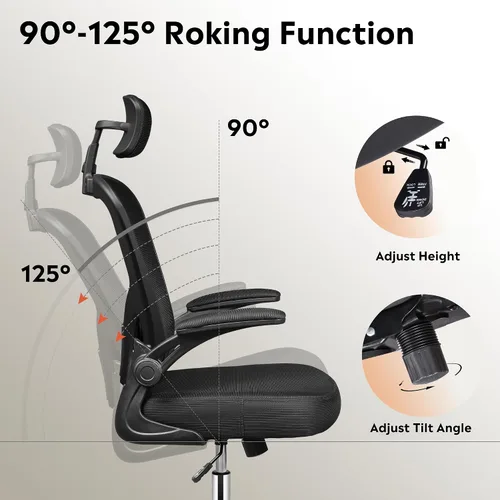 Vista 13 de DEVAISE Silla de Oficina de Respaldo Alto de Malla Ergonómica para Escritorio con Reposabrazos Abatibles, Reposacabezas Ajustable y Soporte Lumbar