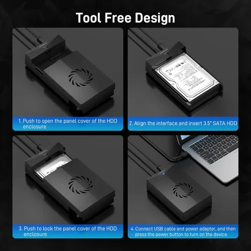 Vista 8 de FIDECO Caja de disco duro para disco duro SATA HDD SSD de 3,5 o 2,5 pulgadas, adaptador SATA a USB con ventilador de refrigeración, carcasa externa