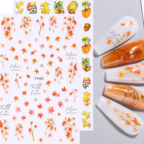 Vista 6 de 6 hojas de calcomanías de arte de uñas de otoño, Acción de Gracias, otoño, hoja de arce 3D, diseños de calabaza, ardilla, nuez, transferencia