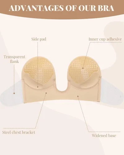 Vista 3 de Brasier adhesivo con efecto de realce de inmersión, brasier adhesivo invisible, sin tirantes en V profundo, brasier reutilizable para vestido