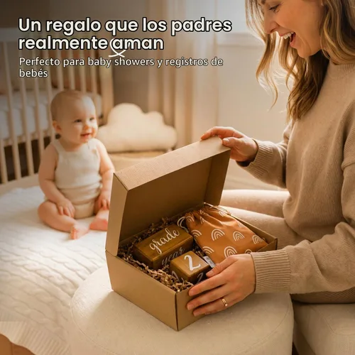 Vista 7 de Pondering Pine Bloques de hitos para bebé, madera de pino natural con semanas, meses y años, juego de bloques de edad con bolsa bohemia de arcoíris