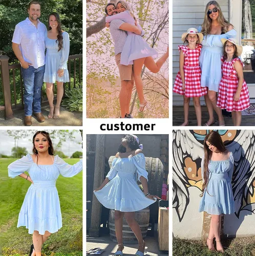 Vista 3 de Exlura - Vestido de manga larga para mujer con cuello cuadrado holanes cintura elástica acampanado amarre posterior estilo casual y corto