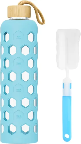 Vista 11 de Botella de agua de vidrio de 32 onzas con tapa de bambú, botellas reutilizables transparentes con funda de silicona y marcador de tiempo, vaso