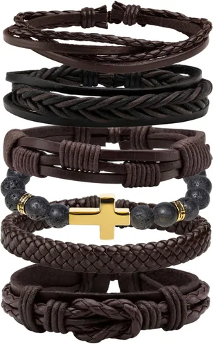Vista 7 de MILAKOO 6 pulseras de cuero trenzado para hombres y mujeres de madera con cuentas de pulsera ajustable