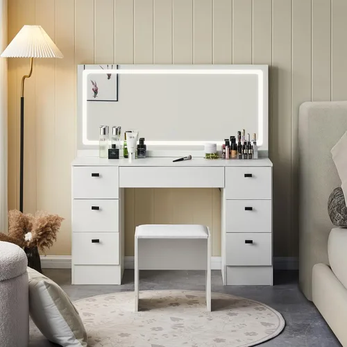 Vista 2 de CLIPOP Escritorio de tocador de maquillaje con espejo iluminado grande, mesa de maquillaje con 7 cajones, toma de corriente, control táctil, 3 modos