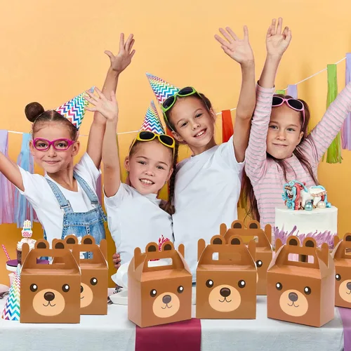 Vista 6 de 12 cajas de golosinas de oso para fiestas, suministros de oso para baby shower, cajas de regalo para niños y niñas, tema de oso marrón, decoración
