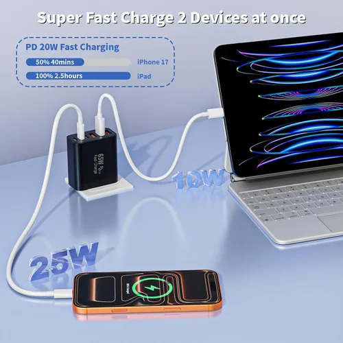 Vista 5 de Bloque de cargador USB C de 65 W, 2 unidades de 6 puertos Apple USB C GaN adaptador de corriente PD de carga rápida + enchufe de pared QC
