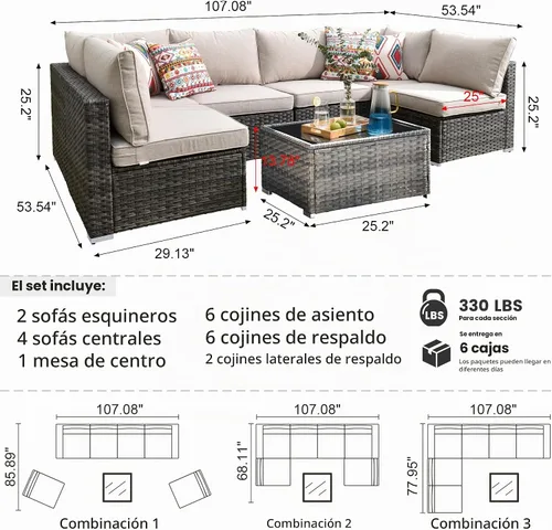 Vista 7 de HOOOWOOO Juego de sofá modular para patio al aire libre, 7 piezas en forma de U, juego de sofá de mimbre rústico para 6 personas, juego de Beige