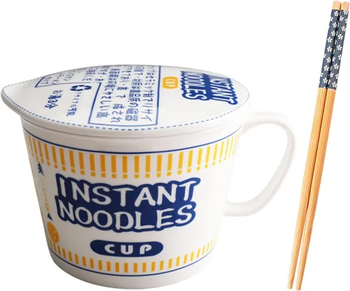Vista 10 de Cuenco de fideos instantáneos de cerámica con tapa, taza creativa para sopa de ramen, cuenco para almuerzo para estudiantes (color azul, tamaño: S)