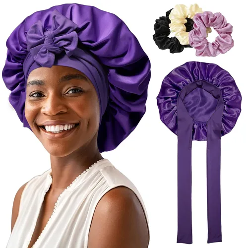 Vista 13 de Gorro de satén para mujer, con banda de amarre para el cabello, para dormir, grande de 2 capas, gorro de dormir de seda para dormir con 3 coleteros