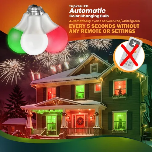 Vista 2 de Bombilla LED automática que cambia de color – Ciclos automáticamente entre rojo/verde/blanco cada 5 segundos – A19, E26, 2 W, bombilla LED de porche