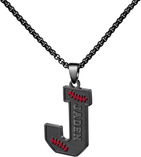 Vista 28 de Ldurian Collar personalizado con nombre de béisbol, cadena negra de acero inoxidable, collar con nombre deportivo, letra A-Z de 24 pulgadas, regalos