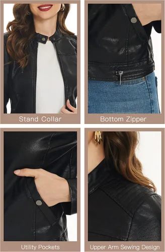 Vista 5 de Fahsyee Chaquetas negras de piel sintética para mujer, abrigo de motocicleta de PU para motociclista