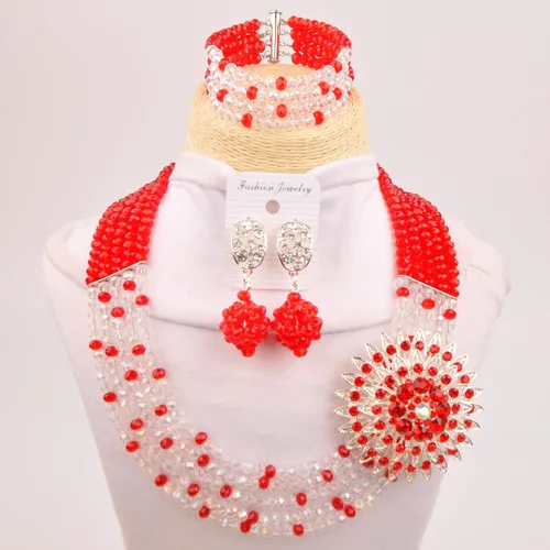 Vista 2 de 5 filas de cuentas africanas de moda para mujer, collar nigeriano, conjuntos nupciales de joyería de boda