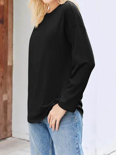 Vista 50 de Fisoew Camisetas de manga larga para mujer, holgadas, casuales, con cuello redondo, blusa suave