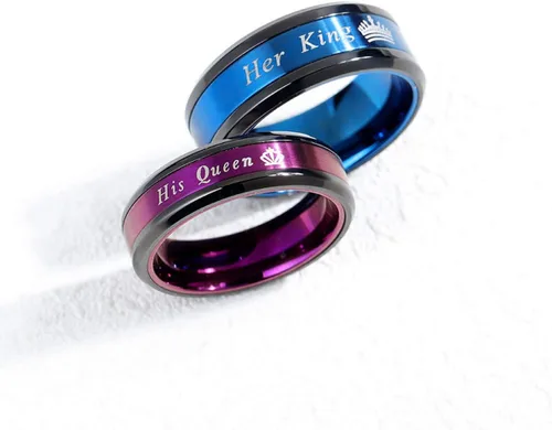 Vista 5 de Juego de 2 anillos a juego para parejas de rey y reina, anillos de compromiso de acero inoxidable