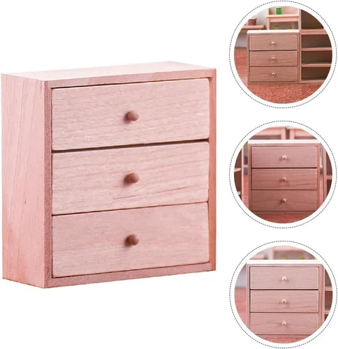 Vista 8 de Toyvian Mini gabinete de casa de muñecas, 1 12 escala, gabinete de almacenamiento en miniatura de madera con 3 cajones para casa de muñecas